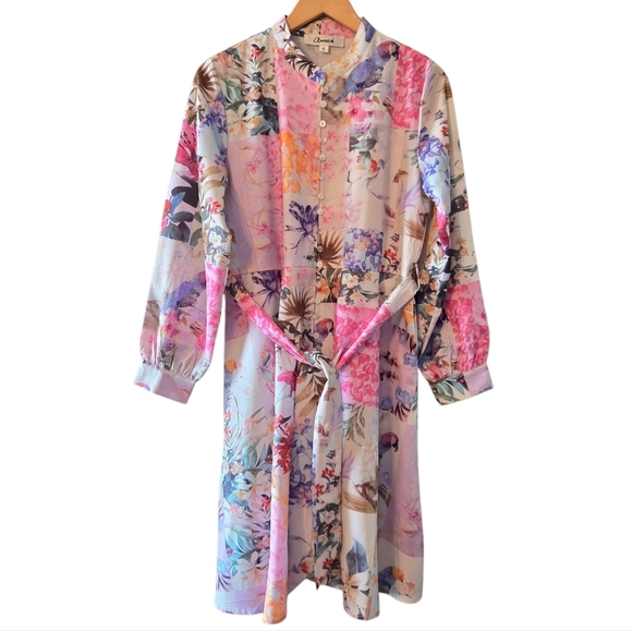 Annick Patchwork Tropical Floral Animal Print Midi Feminine Long Sleeve Dress S - Picture 2 of 13